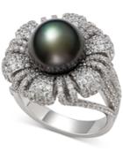 Belle De Mer Cultured Black Tahitian Pearl (9mm) & Cubic Zirconia Flower Statement Ring In Sterling Silver