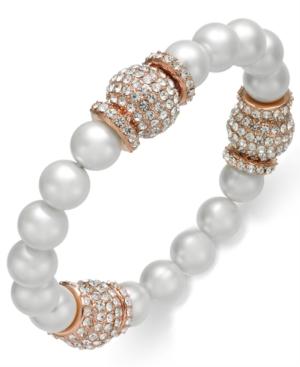 Joan Boyce Rose Gold-tone Pave Bead & Gray Imitation Pearl Stretch Bracelet
