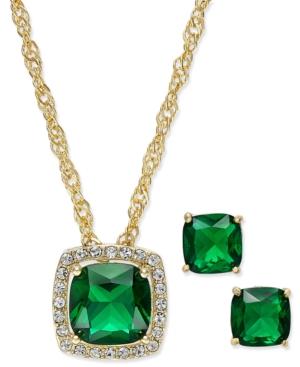 Charter Club Gold-tone Green Stone Pendant Necklace And Stud Earrings