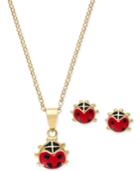 Children's Red Enamel Ladybug Pendant Necklace And Stud Earrings
