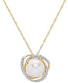 Cultured Freshwater Pearl (8mm) & Diamond (1/8 Ct. T.w.) 18 Pendant Necklace In 14k Gold