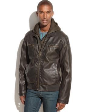 Sean John Hooded Faux Leather Bomber Jacket