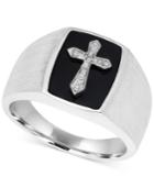 Men's Onyx & Diamond Accent Cross Ring In Sterling Silver