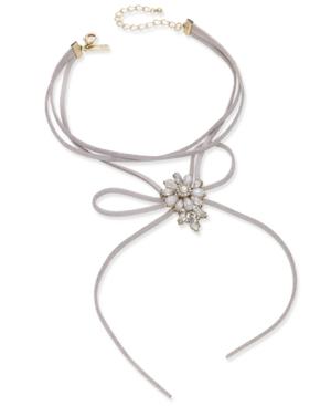 Inc International Concepts Gold-tone Crystal & White Stone Flower Gray Velvet Tie Choker Necklace, Created For Macy's