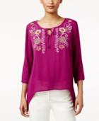Ny Collection Petite Embroidered Handkerchief-hem Top