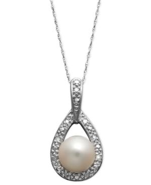 Belle De Mer 14k White Gold Necklace, Cultured Freshwater Pearl (8mm) And Diamond Accent Teardrop Pendant
