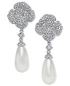 Danori Silver-tone Pave Rose And Imitation Pearl Drop Earrings