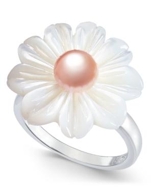 Pink Cultured Freshwater Button Pearl (6mm) & Mother-of-pearl Flower Statement Ring In Sterling Silver