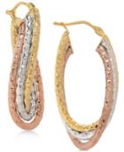 Tricolor Twisted Oval Hoop Earrings In 14k Gold, White Gold & Rose Gold