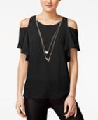 Bcx Juniors' Ruffle-sleeve Cold-shoulder Top With Necklace