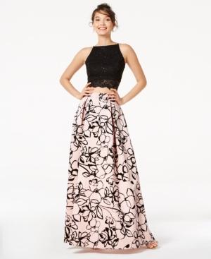 Jump Juniors' 2-pc. Sequined Lace & Floral-velvet Gown