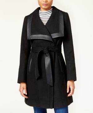Jessica Simpson Faux-leather-trim Asymmetrical Belted Wrap Coat
