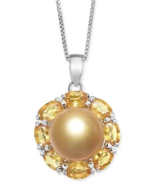 Cultured Golden South Sea Pearl (10mm) & Yellow Sapphire (3-1/5 Ct. T.w.) 18 Pendant Necklace In Sterling Silver