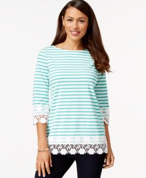 Charter Club Striped Crochet-trim Top, Only At Macy's