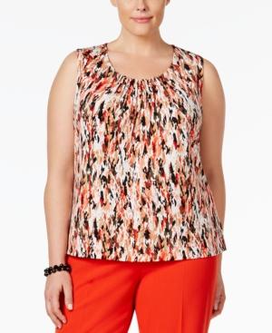 Kasper Plus Size Printed Pleat-neck Top