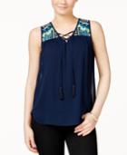 Bcx Juniors' Sleeveless Embroidered Tie-front Blouse
