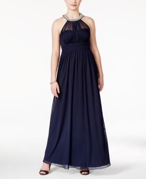 Speechless Juniors' Embellished Pearl Neck Illusion Ruched Gown