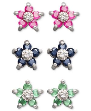 Victoria Townsend Sterling Silver Earring Set, Ruby, Sapphire And Emerald Flower Stud