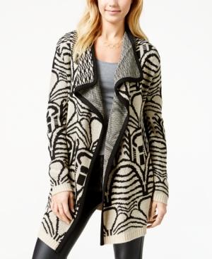 Cotton Emporium Juniors' Pattern Solid-trim Waterfall-front Cardigan Sweater