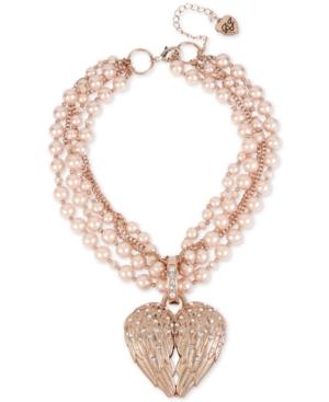Betsey Johnson Rose Gold-tone Pave & Imitation Pearl Winged Heart Pendant Torsade Necklace, 17 + 3 Extender