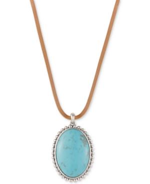 Lucky Brand Silver-tone Leather Cord Large Blue Stone Pendant Necklace
