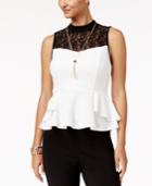 Thalia Sodi Mock-neck Lace-trim Peplum Top, Created For Macy's