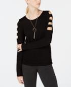 Bcx Juniors' Lattice-sleeve Attached-necklace Top