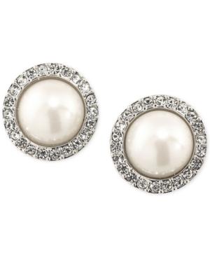 Carolee Silver-tone Imitation Pearl Crystal Button Earrings