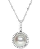 Cultured Freshwater Pearl (9mm) And Diamond Halo (1/4 Ct. T.w.) Necklace In 14k White Gold, 16 + 2 Extender