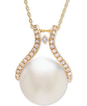 Honora Style Cultured White Ming Pearl (13mm) & Diamond (1/5 Ct. T.w.) Pendant Necklace In 14k Gold