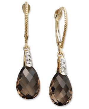 14k Gold Earrings, Smokey Quartz (5 Ct. T.w.) And Diamond Accent Pear Brio Drop
