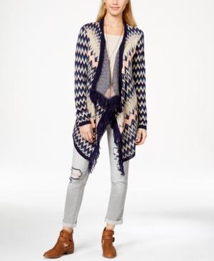 Say What? Juniors' Zigzag-pattern Fringed Waterfall Cardigan Sweater