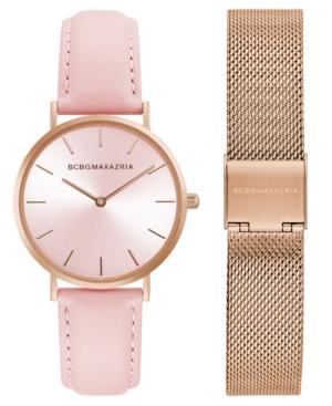 Bcbg Maxazria Ladies Watch Box Set With Pink Leather Strap And Rose Gold Mesh Bracelet, 36mm