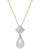 Cultured Freshwater Pearl (10x8mm) And Diamond (1/8 Ct. T.w.) Pyramid Pendant Necklace In 14k Gold