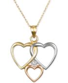 Diamond Accent Tri-tone Triple Heart Pendant Necklace In 10k Yellow, White And Rose Gold