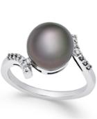 Cultured Tahitian Pearl (10mm) And Diamond (1/10 Ct. T.w.) Ring In 14k White Gold