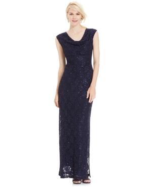Connected Sequined Lace Cowl-neck Gown