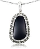 Onyx (19 X 11mm), Crystal & Marcasite Pendant On 18chain In Sterling Silver
