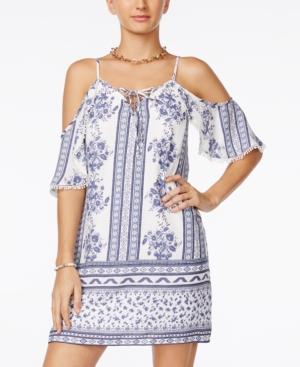 Trixxi Juniors' Printed Cold-shoulder Flutter-sleeve Dress