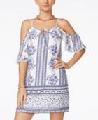 Trixxi Juniors' Printed Cold-shoulder Flutter-sleeve Dress
