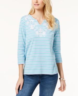 Alfred Dunner Bonita Springs Striped Embellished Split-neck Top