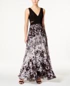 Xscape Illusion Printed Pleated Chiffon Gown