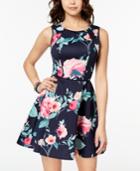B Darlin Juniors' Printed Lace-trimmed Fit & Flare Dress