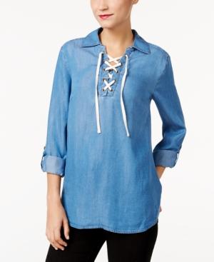 Style & Co Lace-up Denim Top, Only At Macy's