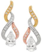 Cubic Zirconia Tricolor Swirl Drop Earrings In Sterling Silver & 14k Gold- And Rose Gold-plate