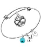 Unwritten Friendship Charm And Manufactured Turquoise (8mm) Adjustable Bangle Bracelet In Stainless Steel
