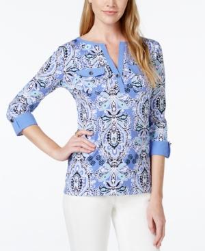 Charter Club Petite Printed Roll-tab Henley Top, Only At Macy's