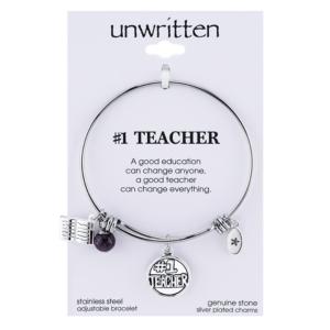 Unwritten No. 1 Teacher Charm And Cherry Quartz (8mm) Bangle Bracelet In Stainless Steel