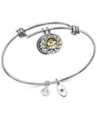Unwritten Two-tone Crystal Accented You Make Me Happy Sun Charm Adjustable Bangle Bracelet In Stainless Steel