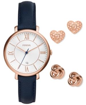 Fossil Women's Jacqueline Blue Leather Strap Watch & Stud Earrings Box Set 36mm Es4140set